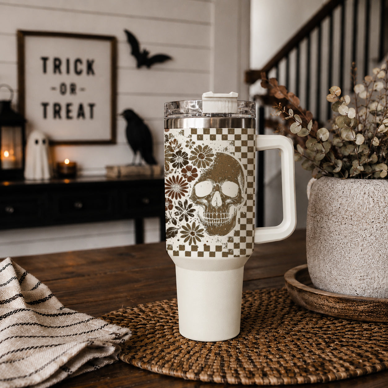 Mug Isotherme fantôme rétro & crâne floral - Edition Automne