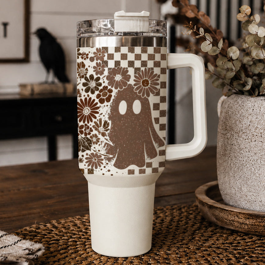 Mug Isotherme fantôme rétro & crâne floral - Edition Automne
